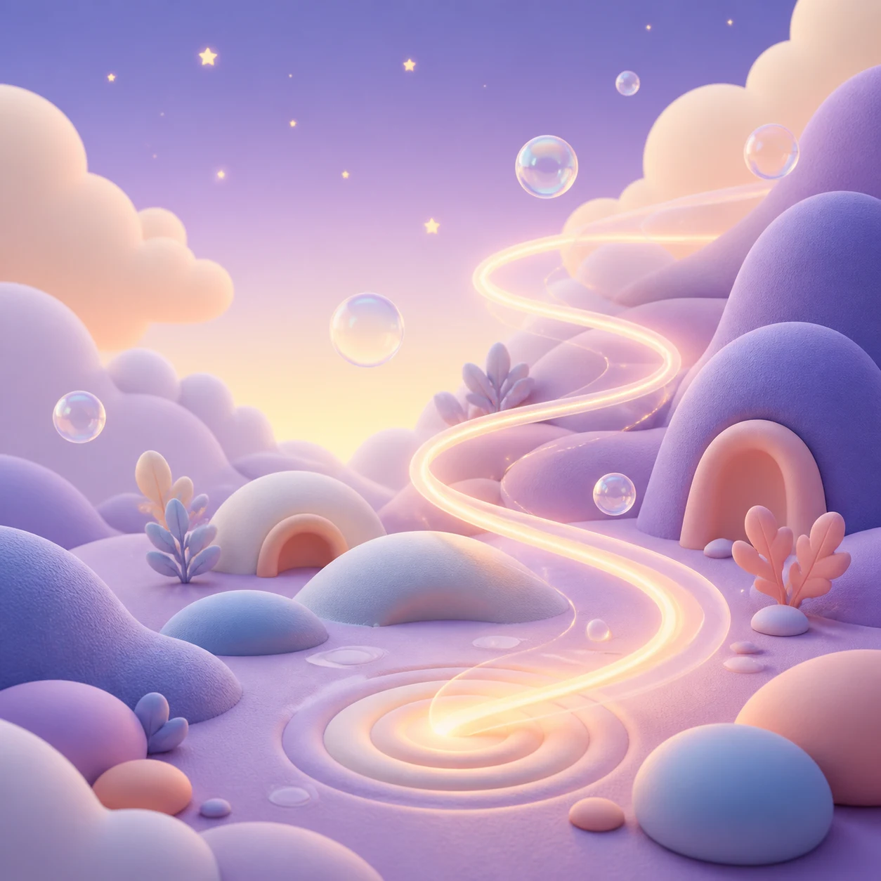 A softly glowing trail winding through a dreamy world of lavender hills and floating bubbles